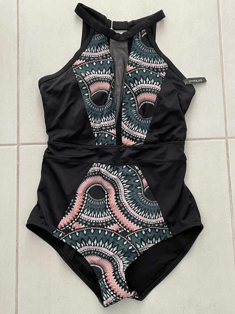 Adore Me Swim One Piece Swimsuit Colorblock Print Mesh Swimwear